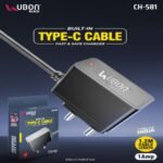 UBON CH-581 Built-in Type-C Cable Mobile Charger (1.2M Cable, 1Amp Fast & Safe Charging, Black, Made in India)