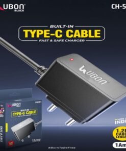 UBON CH-581 Built-in Type-C Cable Mobile Charger (1.2M Cable, 1Amp Fast & Safe Charging, Black, Made in India)